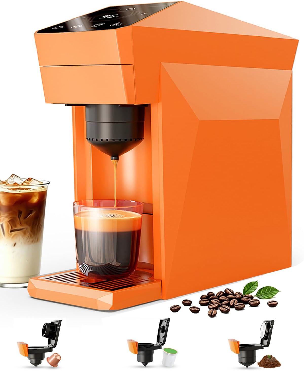 3-IN-1 Single Serve Coffee Maker, 19Bar Espresso Machine Compatible with 、NS Pod& Ground Coffee,with PID&NTC Control, 3 Brew Sizes & 27oz Water Tank,Touch Screen&20s Preheat,Orange