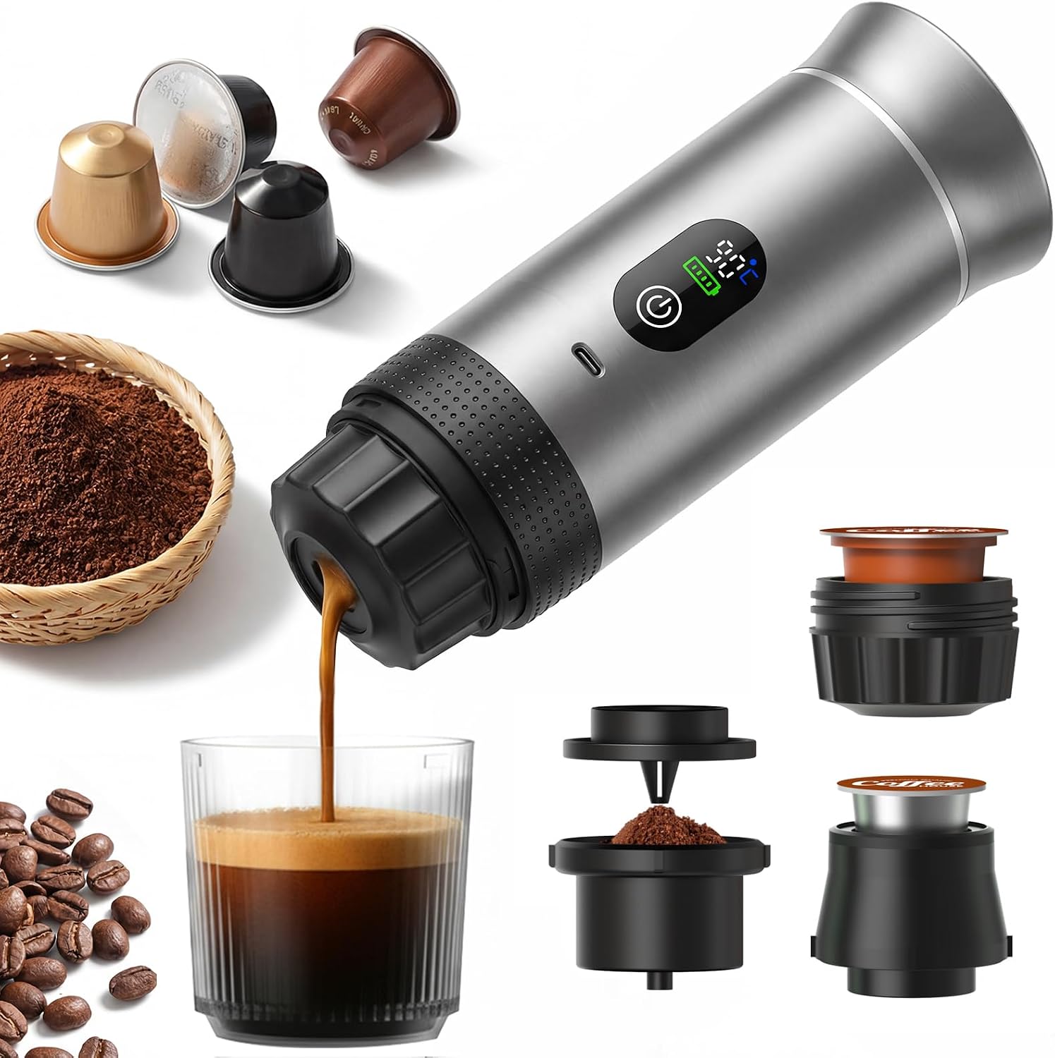 Portable Espresso Coffee Maker, Battery Operated Rechargeable Travel Coffee Machine, Self Heating Mini Coffee Maker for Camping & Car, Works with Ground Coffee & Capsules, 80ml