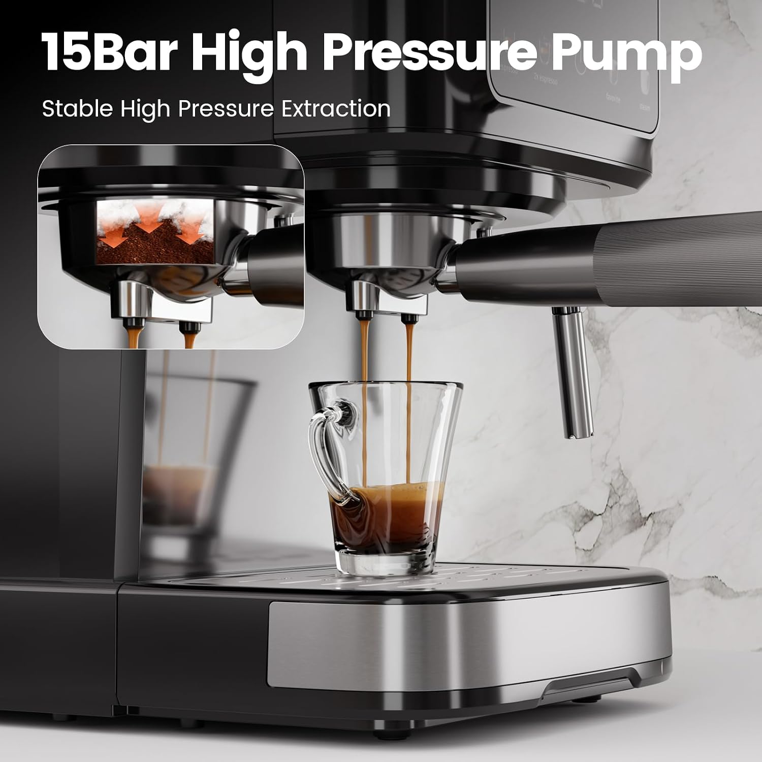 Espresso Machine with Milk Frother, 15 Bar Digital Espresso Maker for Latte & Cappuccino, LED Touch Screen, 1.5L Removable Water Tank, Compact Coffee Maker for Home/Office