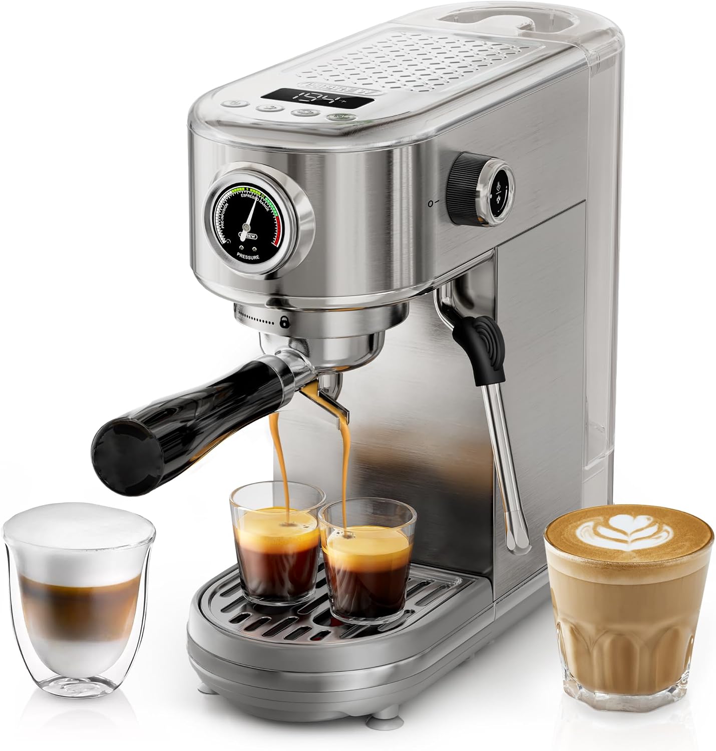 Programmable Espresso Machine, Brushed Stainless Steel, Adjustable Temperature and Cup Volume, Steam Wand for Milk Frother