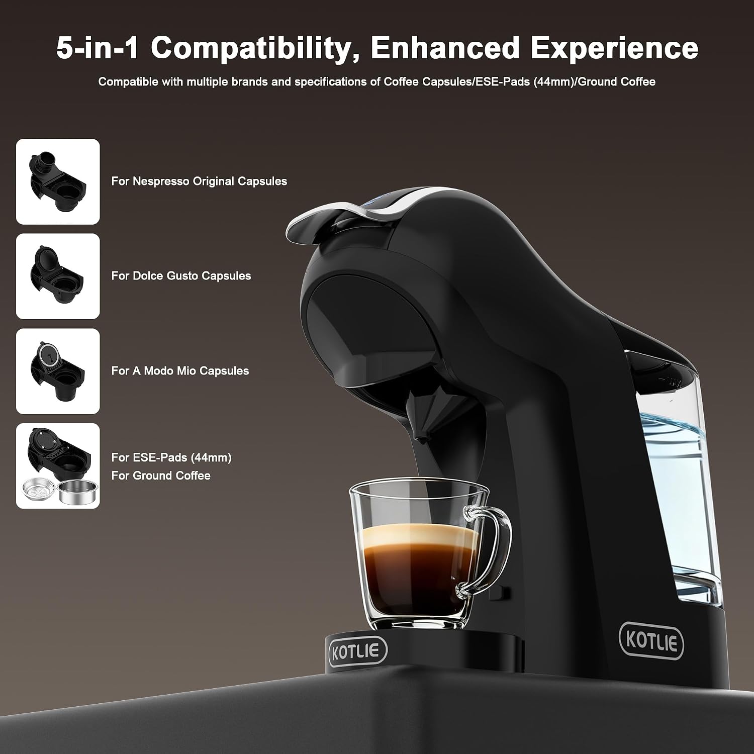 5 in 1 Coffee Maker, Single Serve Coffee Machine Compatible with K Cup, Original, Dolce Gusto, ESE 44mm Pods and Ground Coffee, Touchscreen 7 Cup Sizes,